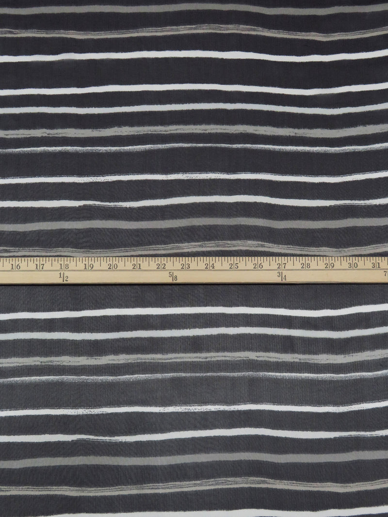 Black/White/Pale Pewter Gray 100% Silk Painterly Horizontal Stripe Print Crepe Chiffon 55W