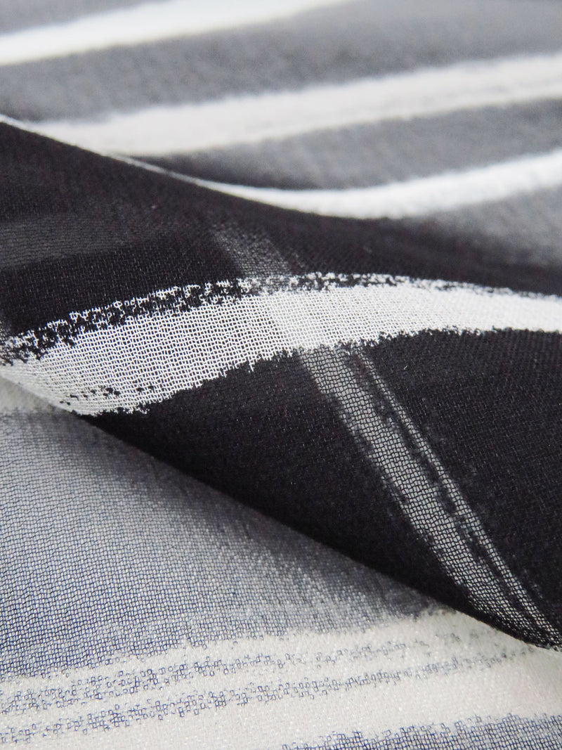 Black/White/Pale Pewter Gray 100% Silk Painterly Horizontal Stripe Print Crepe Chiffon 55W