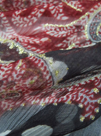 Black/Light Mauve/Currant Red/Multi 100% Silk Ornate Double Border Glitter Print Crinkle Chiffon 53W