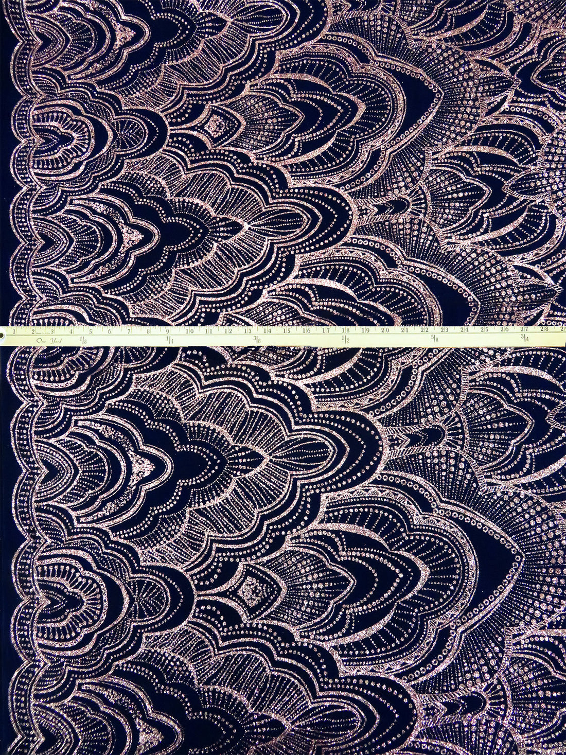 Midnight Blue/Rose Gold Acetate/Lycra Off-Set Mirrored Glitter Ornate Design Slinky Knit - NY Designer - 58W