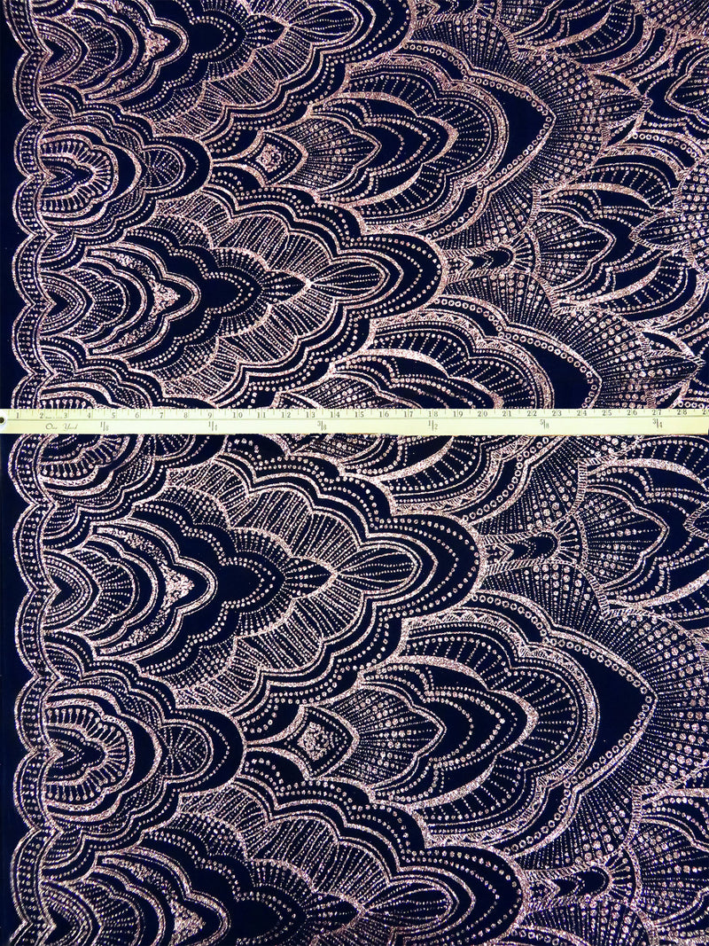 Midnight Blue/Rose Gold Acetate/Lycra Off-Set Mirrored Glitter Ornate Design Slinky Knit - NY Designer - 58W