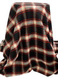 Black/Scarlet/Pale Ivory 100% Wool Plaid Coating - NY Designer - 58W
