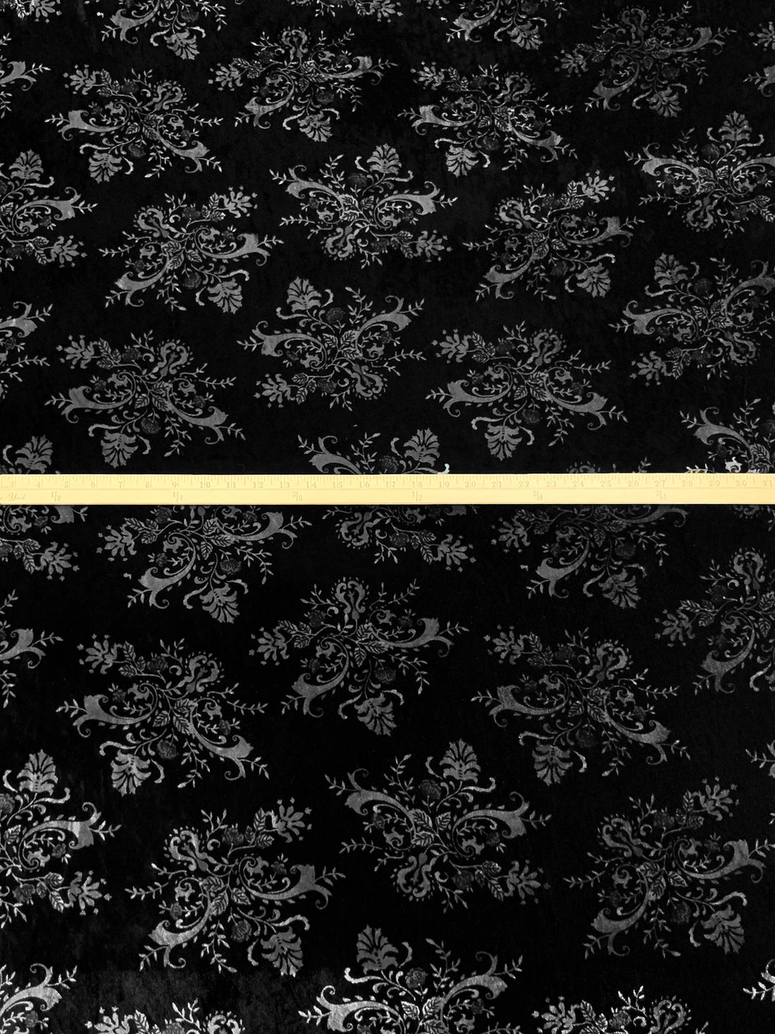 Black/Silver 100% Rayon Floral Scrolls Print Velvet - NY Designer - 47W