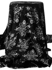 Black/Silver 100% Rayon Floral Scrolls Print Velvet - NY Designer - 47W