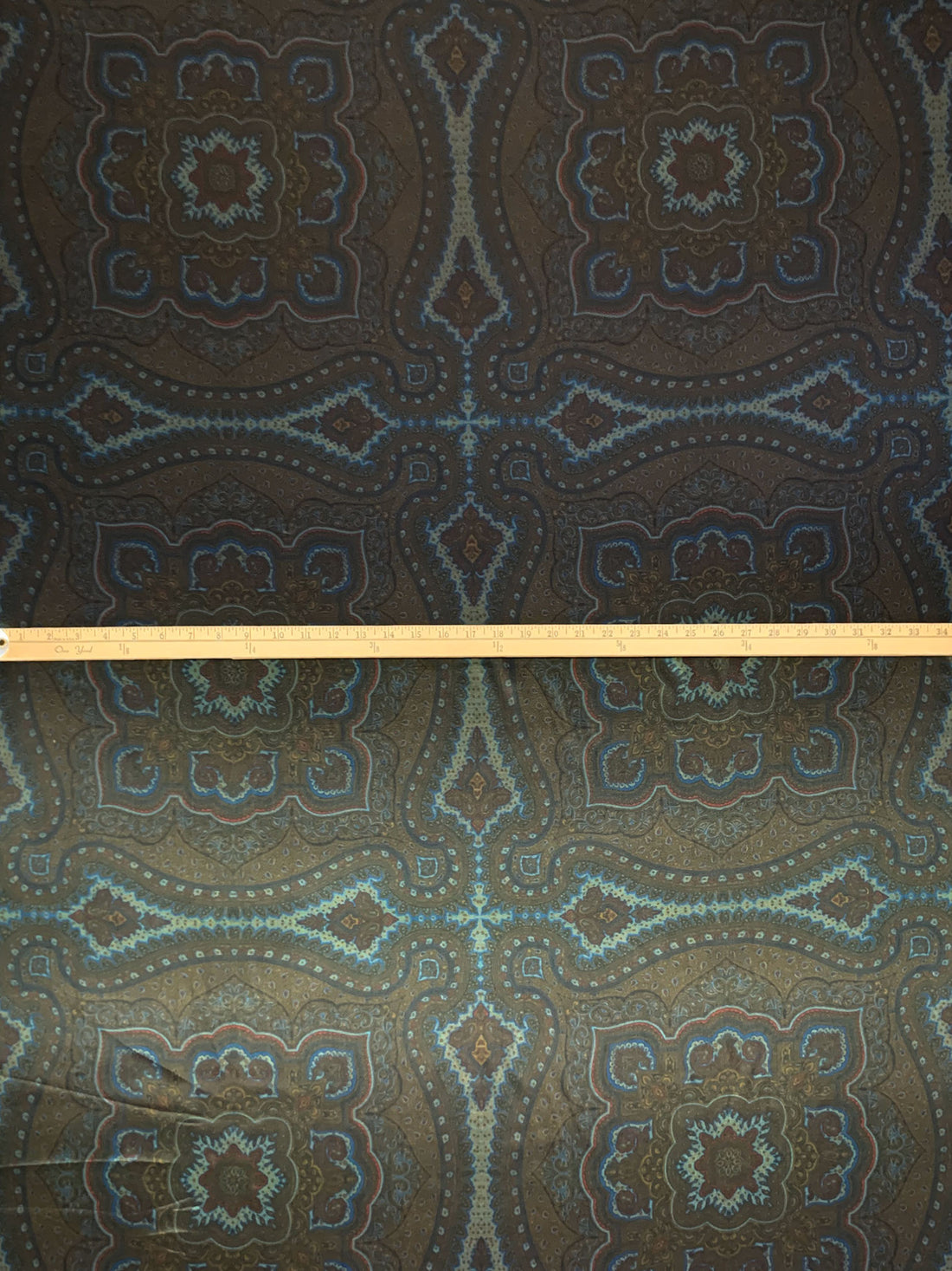 Dark Burnt Umber/Dark Lapis Blue/Coyote Brown 100% Cupro Yarn-Dyed Large Ornate Medallion Lining - Imported From Italy - 56W