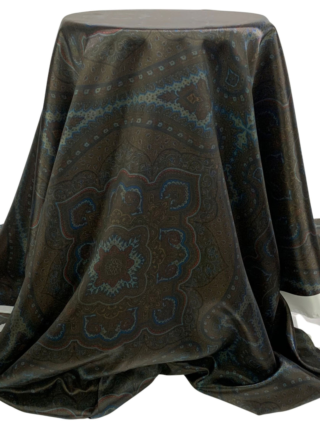 Dark Burnt Umber/Dark Lapis Blue/Coyote Brown 100% Cupro Yarn-Dyed Large Ornate Medallion Lining - Imported From Italy - 56W