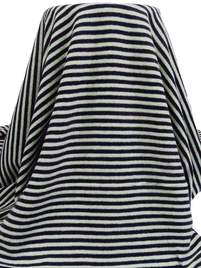 Muted Midnight Navy/Off-White 100% Wool Horizontal Stripe Weave Rib Sweater Knit - Imported From Italy - 77W