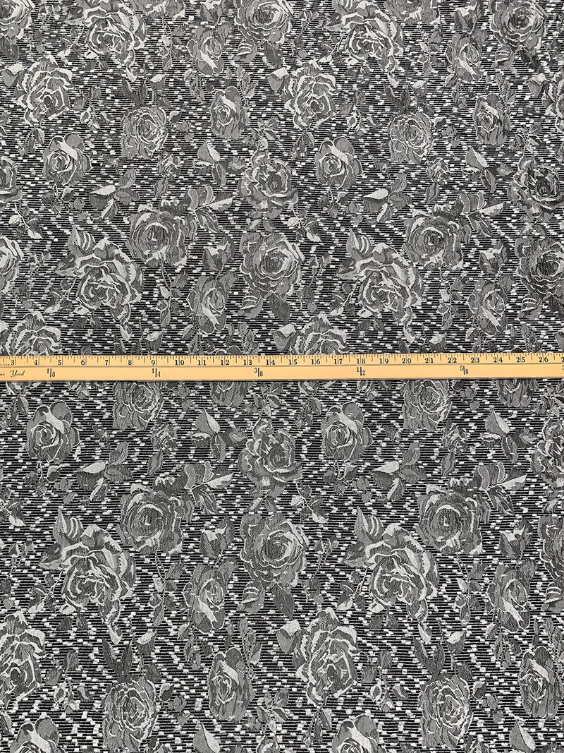 Bright Silver/Black 100% Polyester Floral Eyelash Jacquard Woven 54W