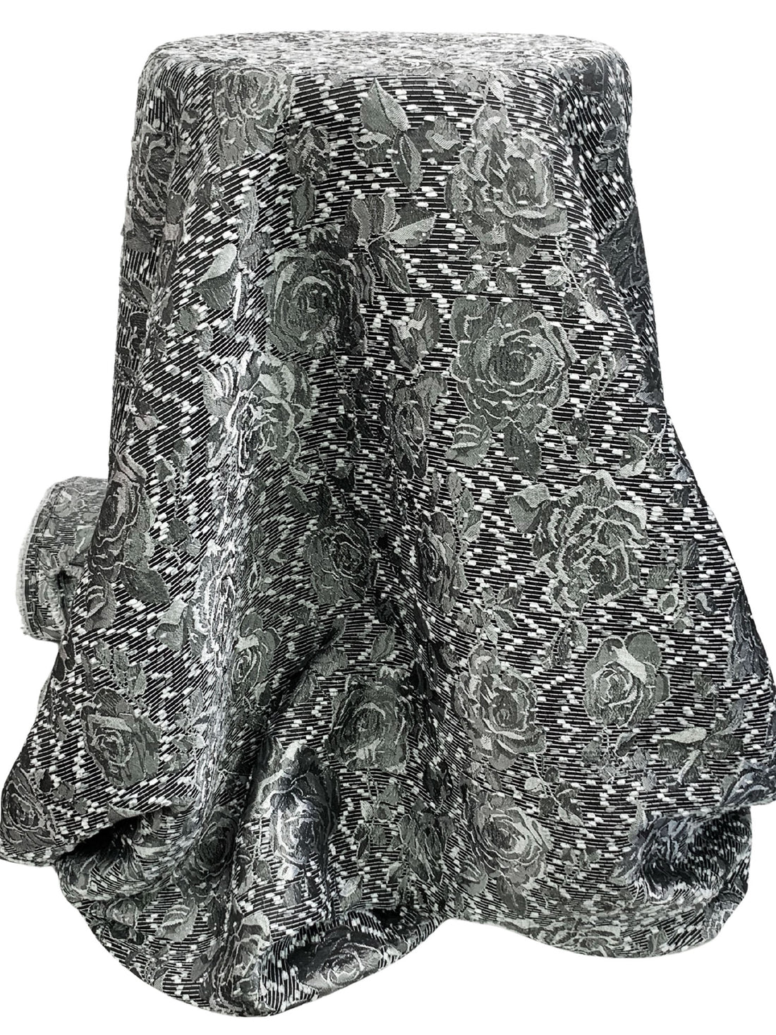 Bright Silver/Black 100% Polyester Floral Eyelash Jacquard Woven 54W