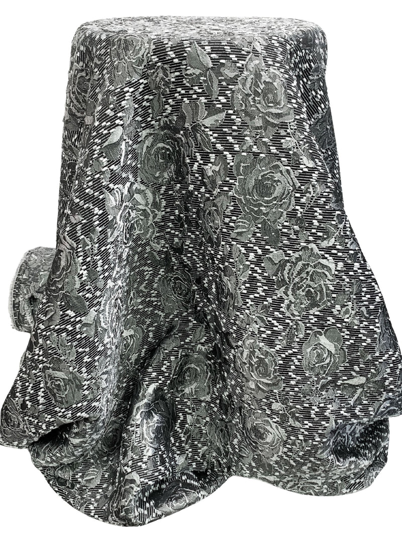 Bright Silver/Black 100% Polyester Floral Eyelash Jacquard Woven 54W