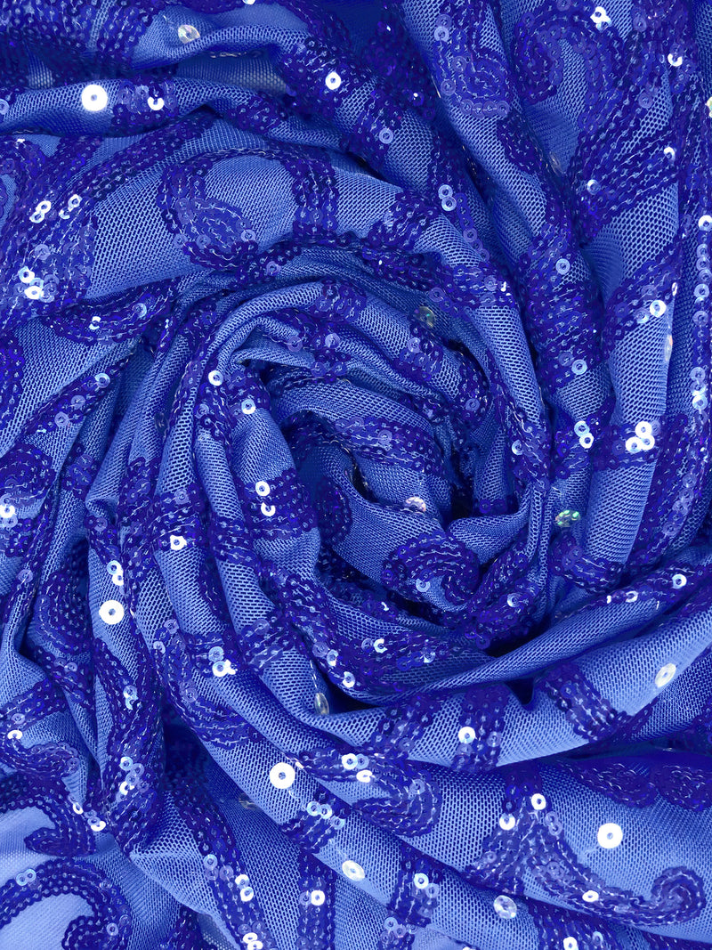 Dark Cornflower/Dark Blue Polyester/Lycra Swirl Design Sequins On Mesh Knit 58W