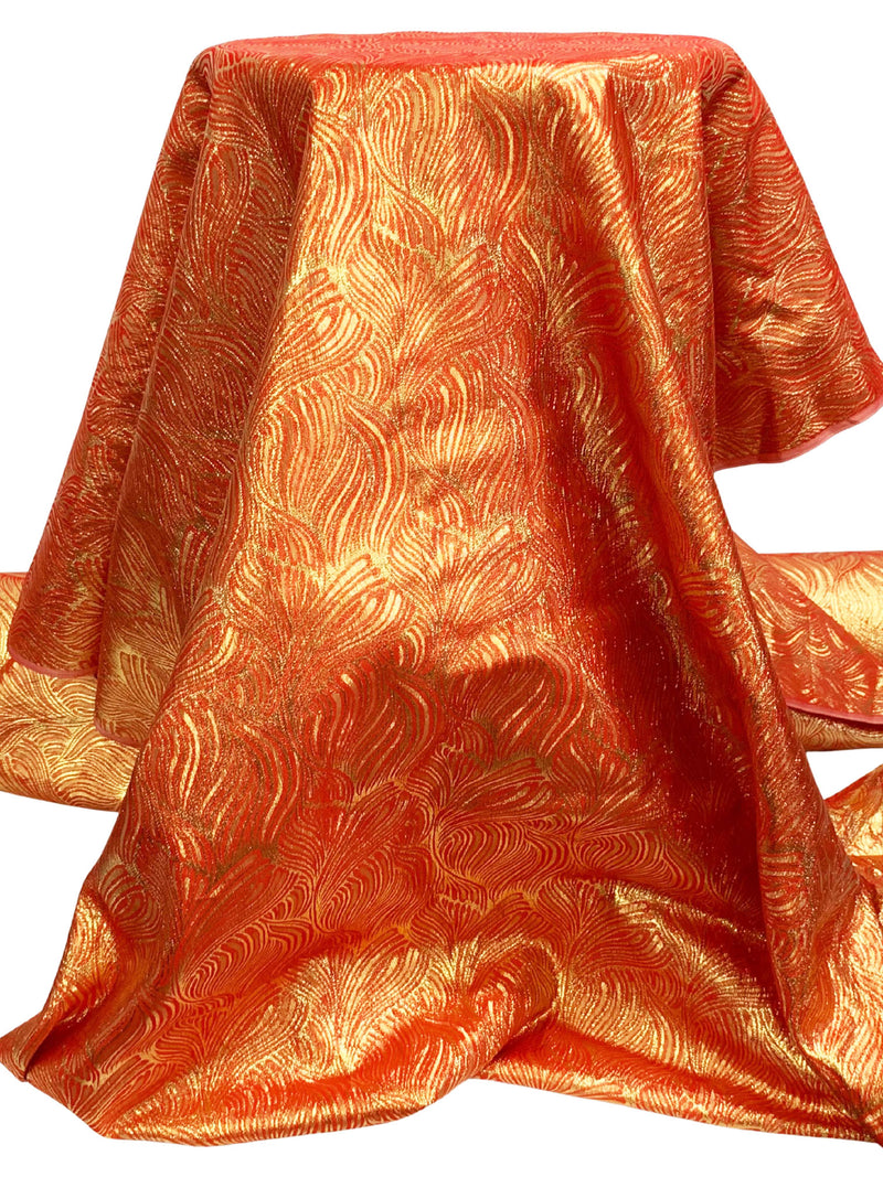 Flame Red/Gold Metallic/Nylon Abstract Wisps Design Jacquard Woven 40W
