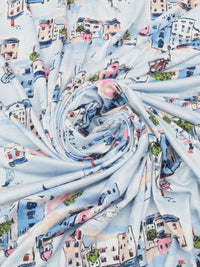 Soft Sky Blue/Pale Peach/Bubblegum Pink/Multi Rayon/Lycra City Scenes Print Jersey Knit - NY Designer - 60W