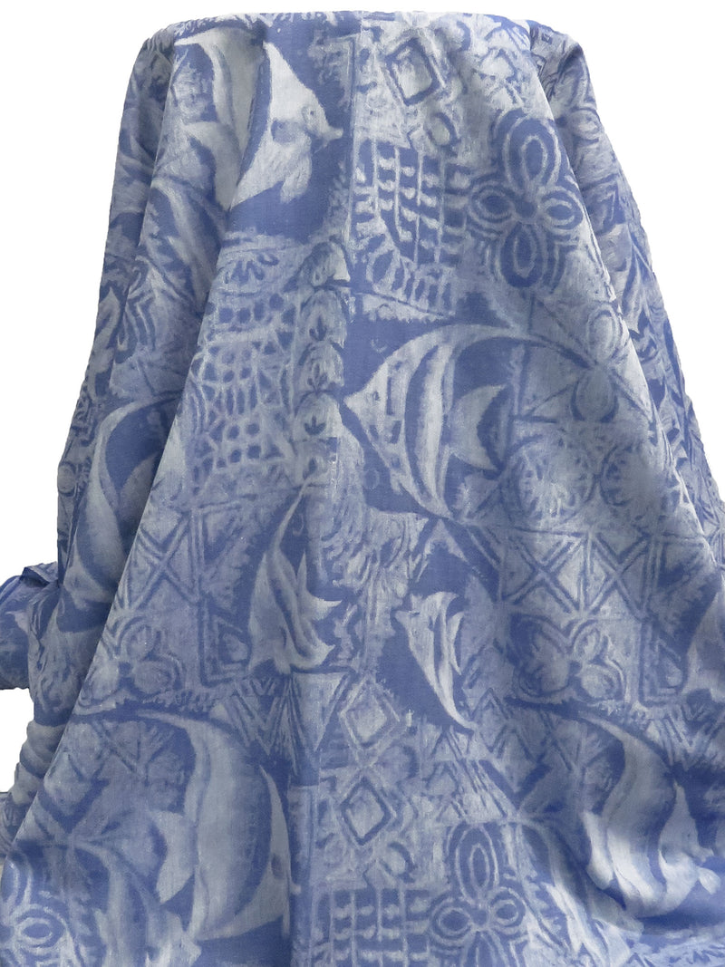 Blue Yonder/White Cotton/Polyester Fish And Tile Weave Chambray Jacquard Shirting - NY Designer - 54W