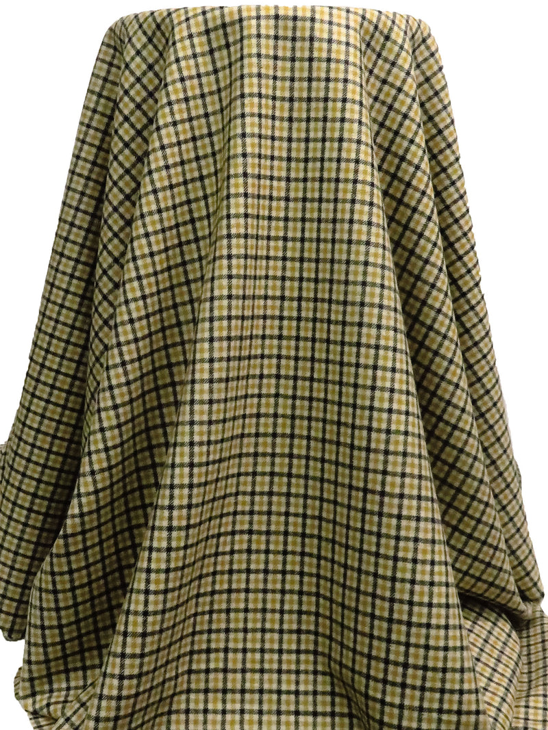 Muted Dark Goldenrod/Black/Oat 100% Wool Mini Plaid Weave Flannel Suiting - Imported From England - 54W