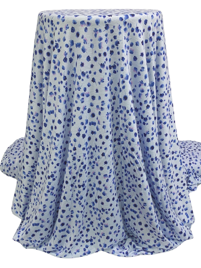 Soft Blue/Lapis Blue Rayon/Lycra Ditsy Painterly Floral Print Jersey Knit - NY Designer - 60W