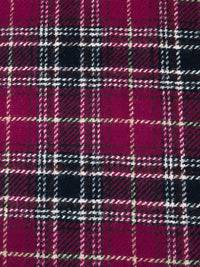 Very Dark Fuchsia/Midnight Navy/White/Light Tan 100% Wool Plaid Weave Shetland Coating - Imported From England - 59W