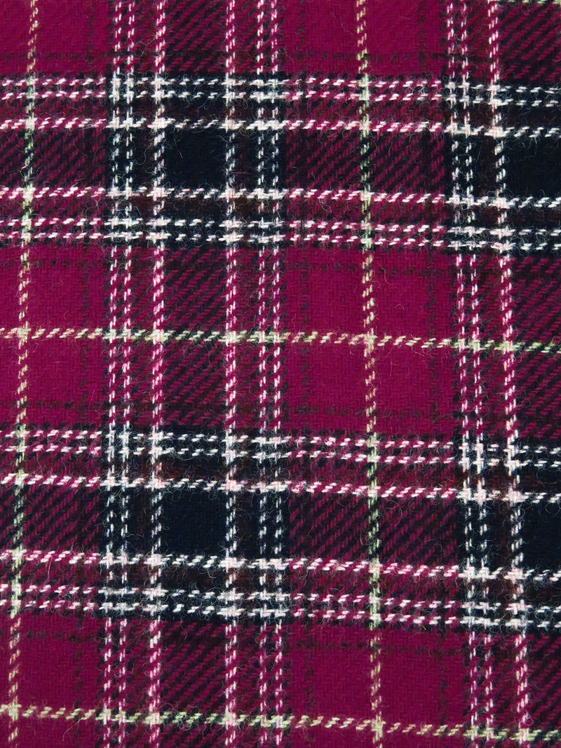 Very Dark Fuchsia/Midnight Navy/White/Light Tan 100% Wool Plaid Weave Shetland Coating - Imported From England - 59W