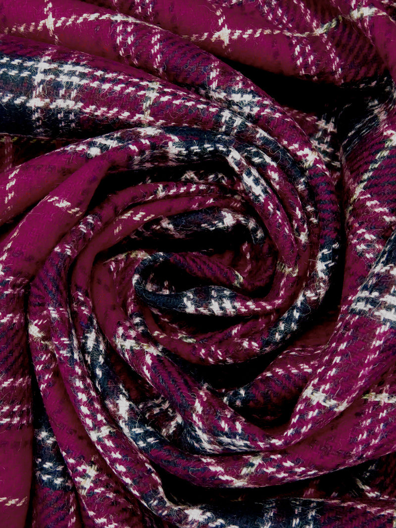 Very Dark Fuchsia/Midnight Navy/White/Light Tan 100% Wool Plaid Weave Shetland Coating - Imported From England - 59W