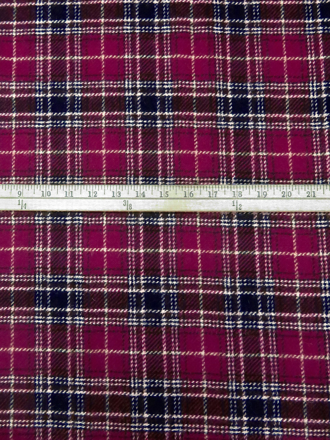 Very Dark Fuchsia/Midnight Navy/White/Light Tan 100% Wool Plaid Weave Shetland Coating - Imported From England - 59W