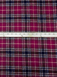 Very Dark Fuchsia/Midnight Navy/White/Light Tan 100% Wool Plaid Weave Shetland Coating - Imported From England - 59W