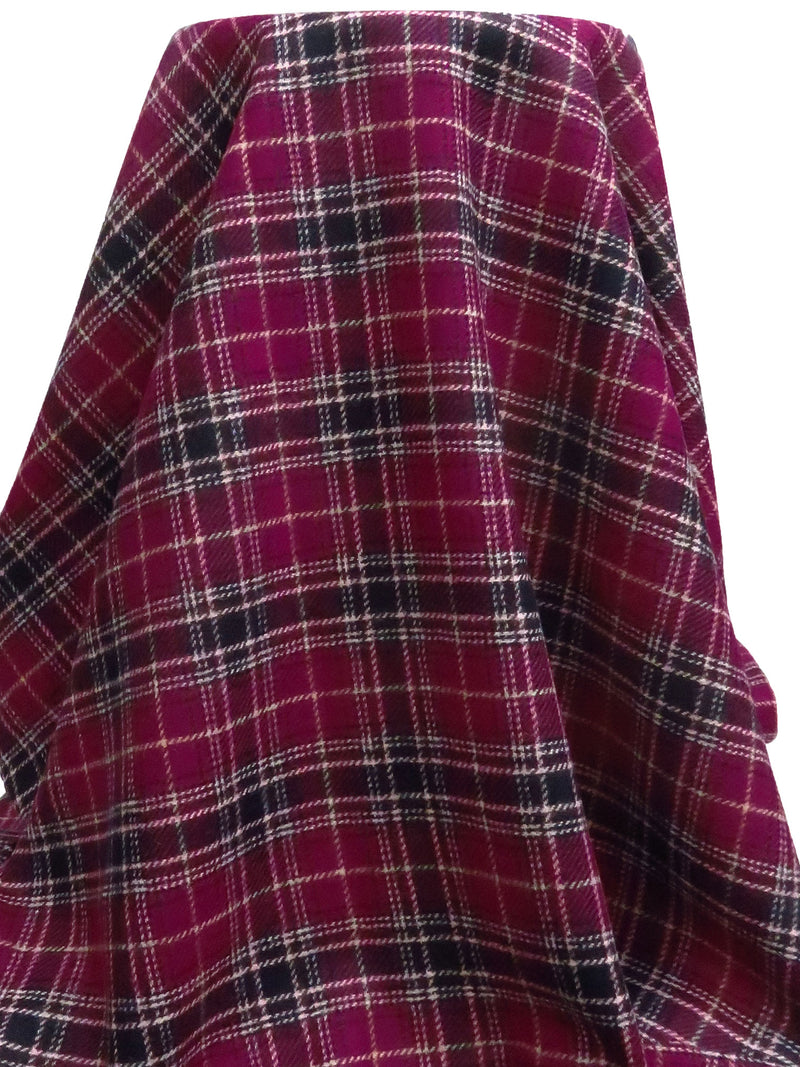 Very Dark Fuchsia/Midnight Navy/White/Light Tan 100% Wool Plaid Weave Shetland Coating - Imported From England - 59W