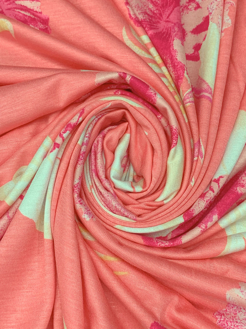 Salmon Rose/Crushed Berry/White/Maize Rayon/Lycra Tropical Floral Print Jersey Knit - NY Designer - 60W