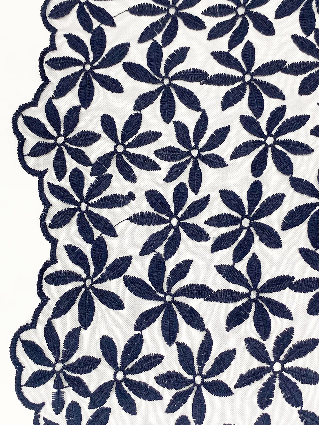 Navy 100% Nylon Double Border Embroidered Floral Design On Netting - NY Designer - 58W