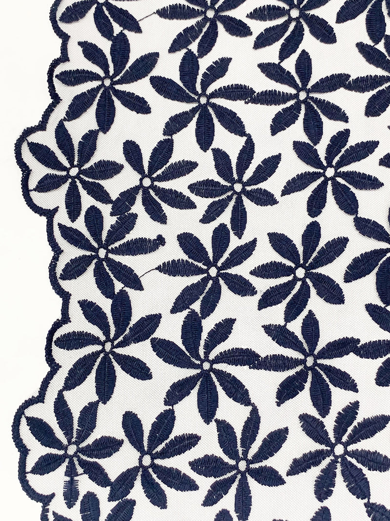 Navy 100% Nylon Double Border Embroidered Floral Design On Netting - NY Designer - 58W