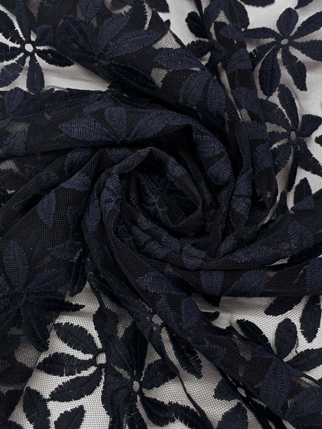 Navy 100% Nylon Double Border Embroidered Floral Design On Netting - NY Designer - 58W