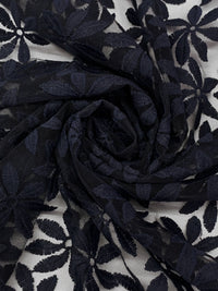Navy 100% Nylon Double Border Embroidered Floral Design On Netting - NY Designer - 58W