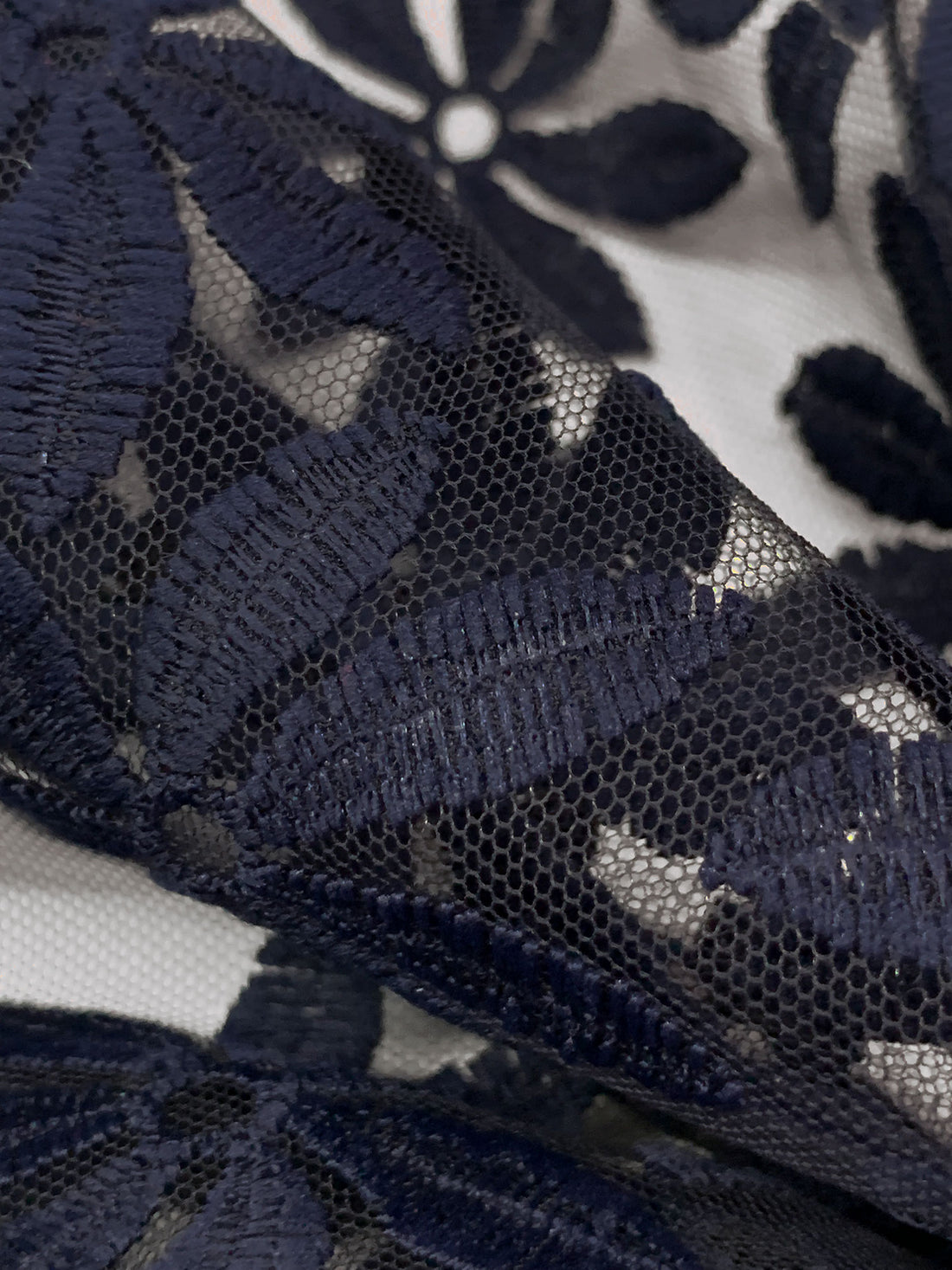 Navy 100% Nylon Double Border Embroidered Floral Design On Netting - NY Designer - 58W