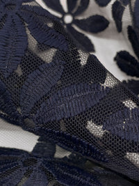 Navy 100% Nylon Double Border Embroidered Floral Design On Netting - NY Designer - 58W