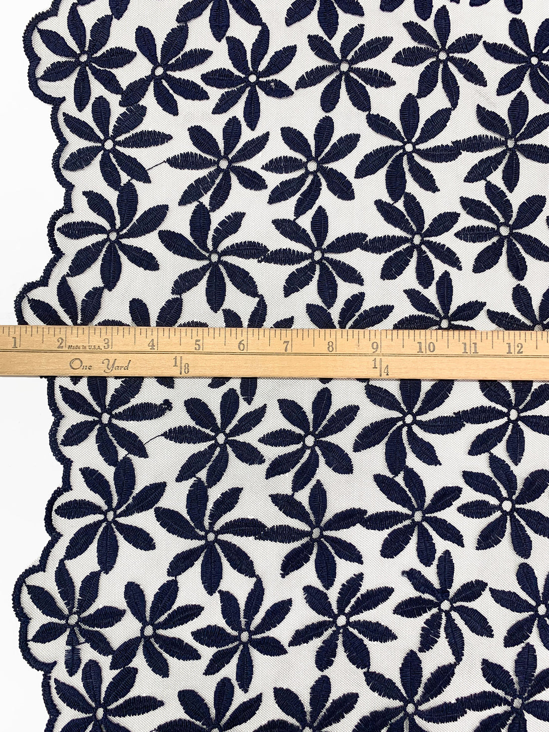 Navy 100% Nylon Double Border Embroidered Floral Design On Netting - NY Designer - 58W