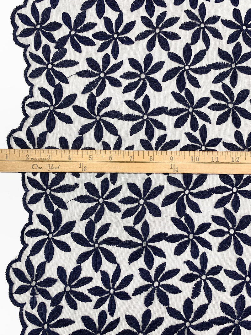 Navy 100% Nylon Double Border Embroidered Floral Design On Netting - NY Designer - 58W