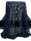 Navy 100% Nylon Double Border Embroidered Floral Design On Netting - NY Designer - 58W