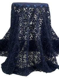 Navy 100% Nylon Double Border Embroidered Floral Design On Netting - NY Designer - 58W