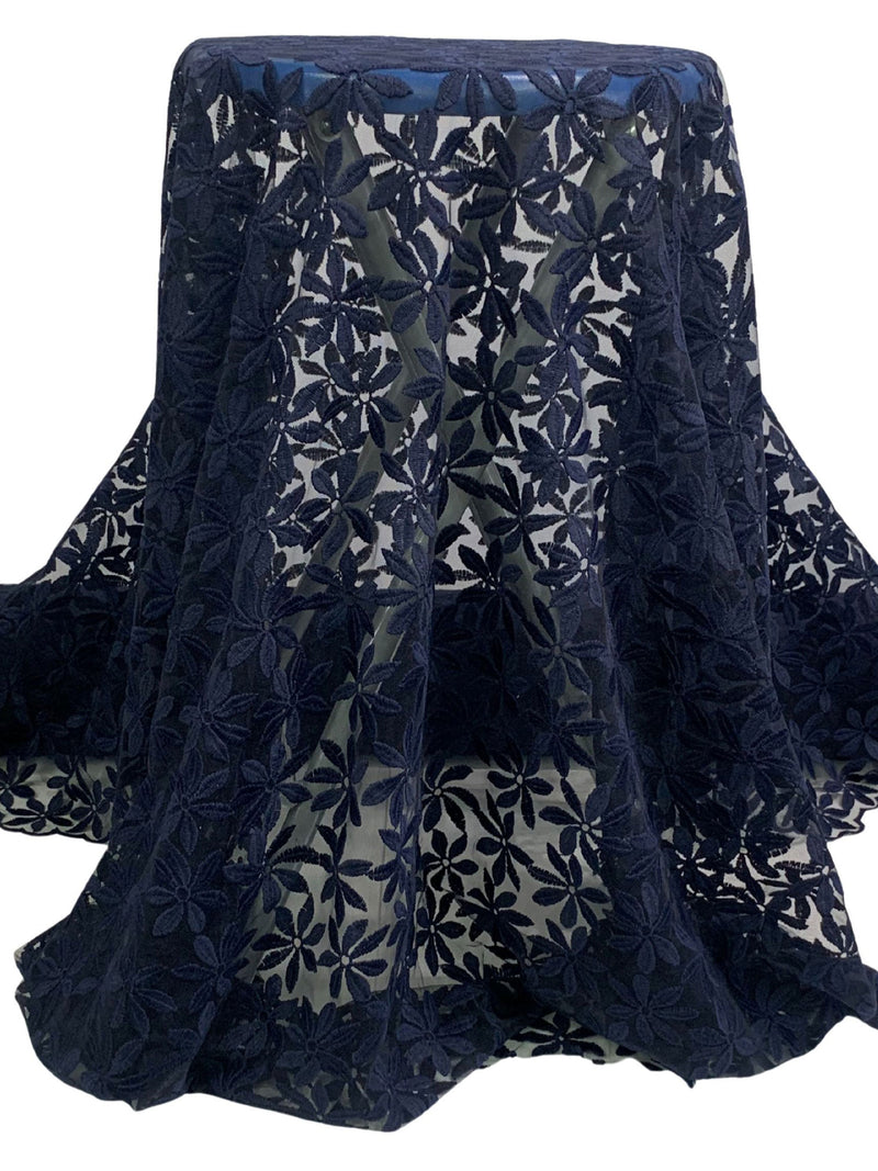 Navy 100% Nylon Double Border Embroidered Floral Design On Netting - NY Designer - 58W