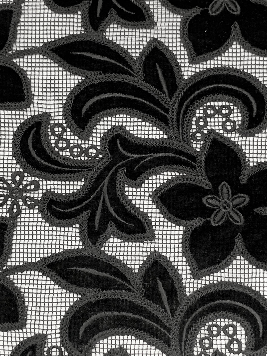 Black 100% Polyester Floral Velvet Applique Design On Netting - NY Designer - 58W