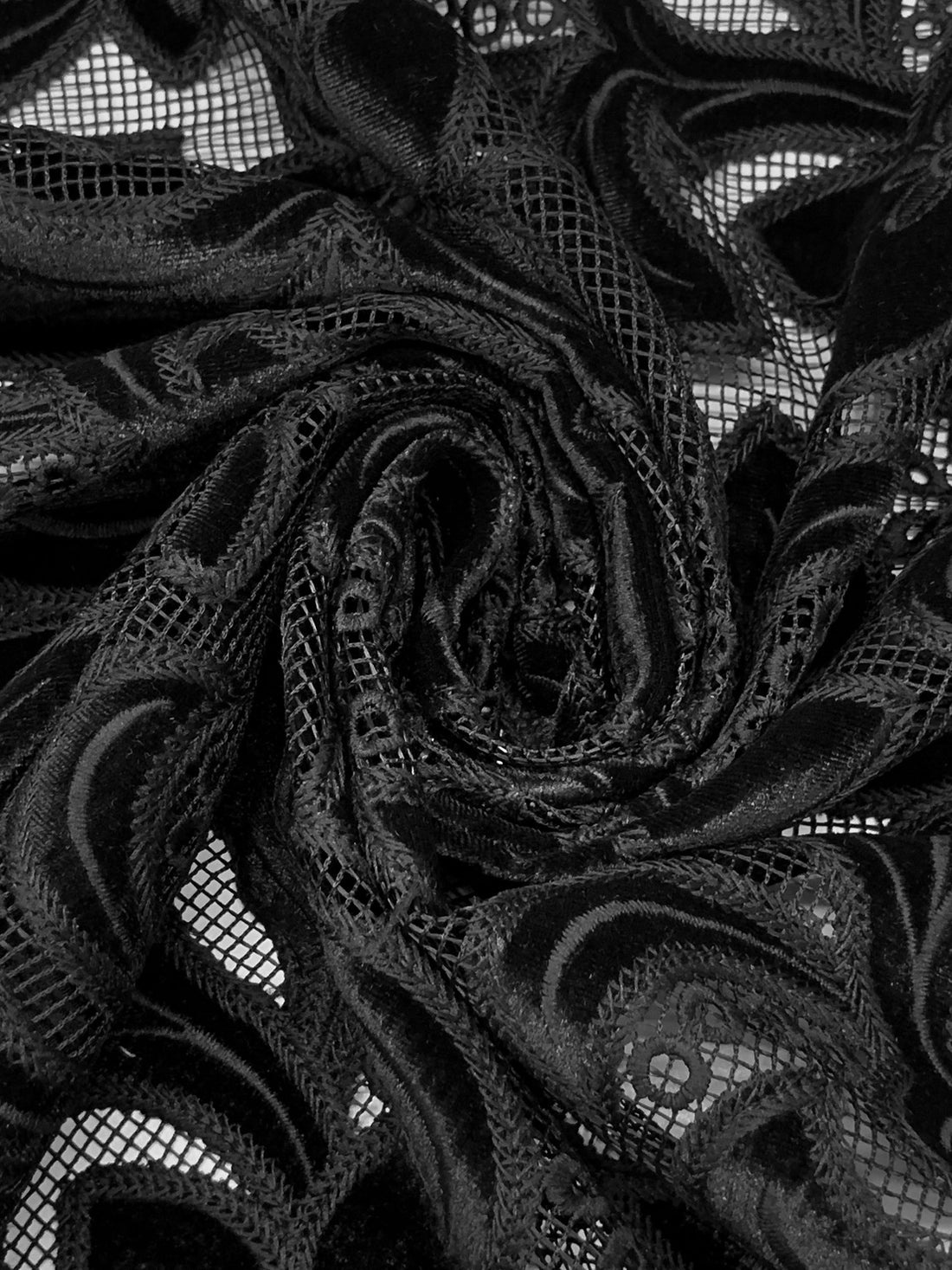 Black 100% Polyester Floral Velvet Applique Design On Netting - NY Designer - 58W