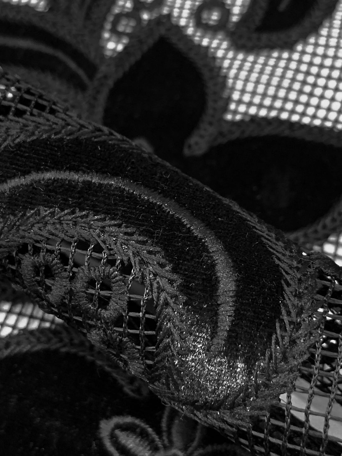 Black 100% Polyester Floral Velvet Applique Design On Netting - NY Designer - 58W