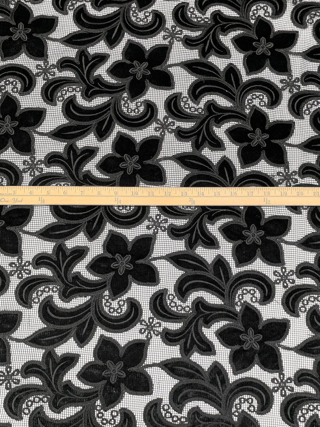 Black 100% Polyester Floral Velvet Applique Design On Netting - NY Designer - 58W