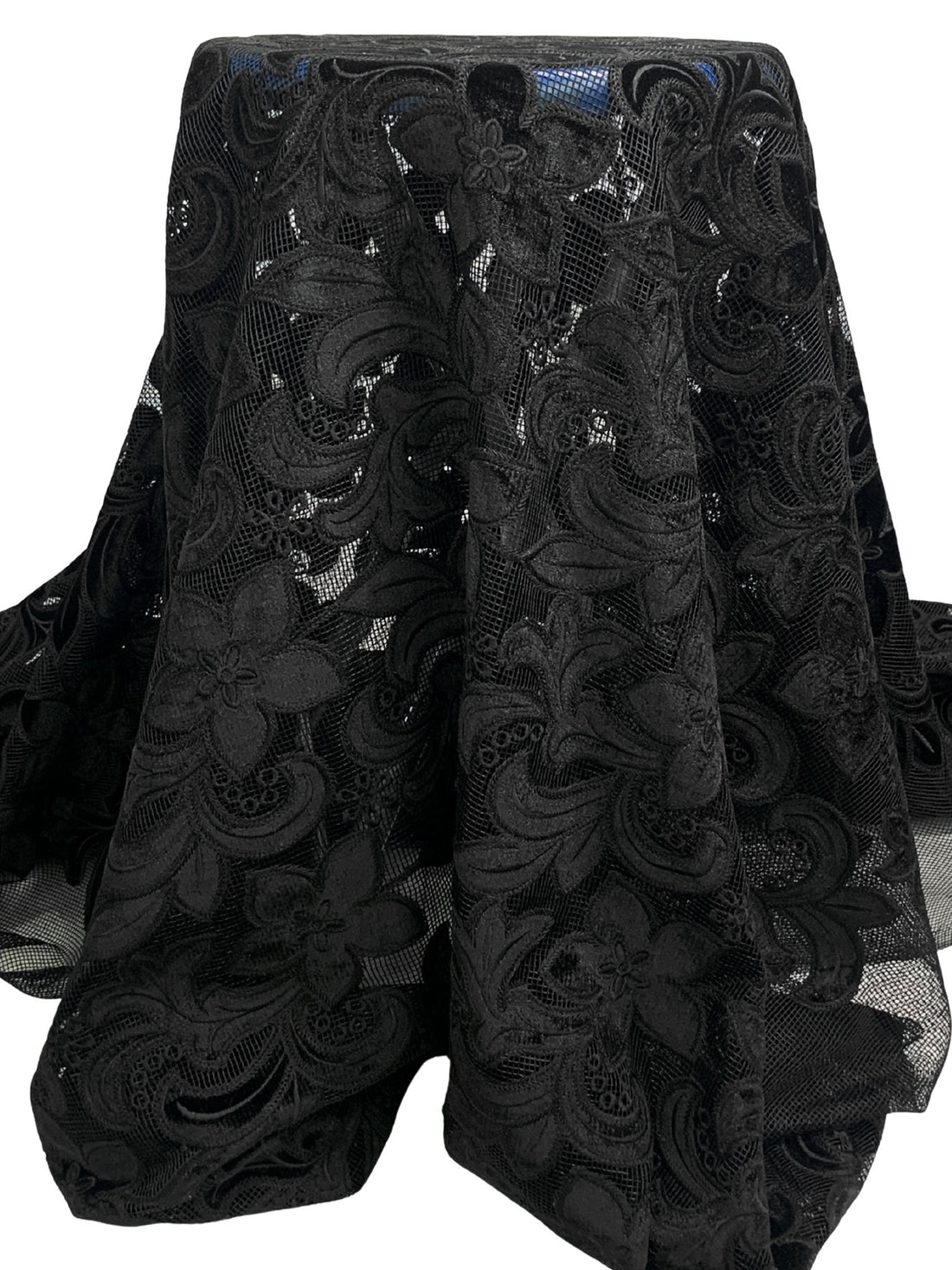 Black 100% Polyester Floral Velvet Applique Design On Netting - NY Designer - 58W