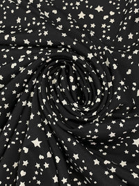 Black/Off-White 100% Polyester Stars & Hearts Print Crepe de Chine 58W