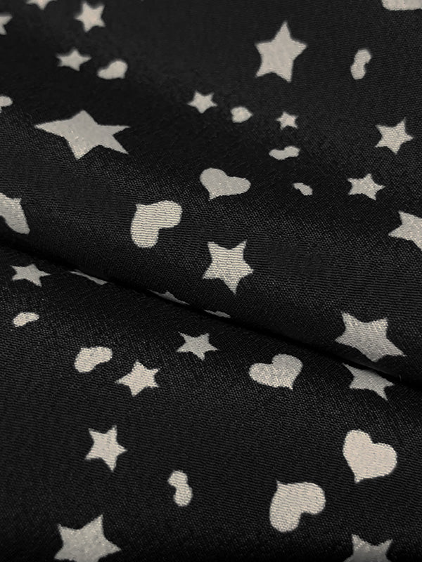 Black/Off-White 100% Polyester Stars & Hearts Print Crepe de Chine 58W