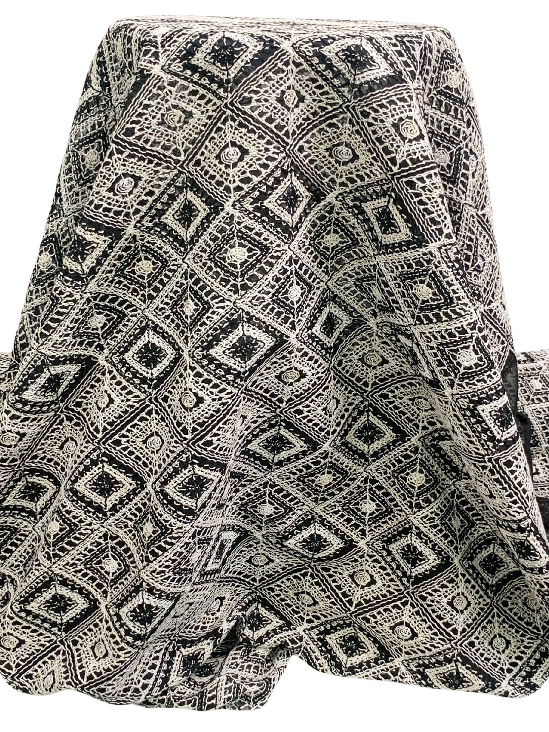 Black/Off-White 100% Polyester Embroidered Diamond Design Chiffon - NY Designer - 56W
