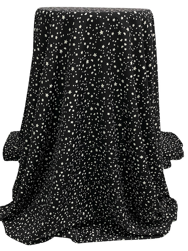 Black/Off-White 100% Polyester Stars & Hearts Print Crepe de Chine 58W