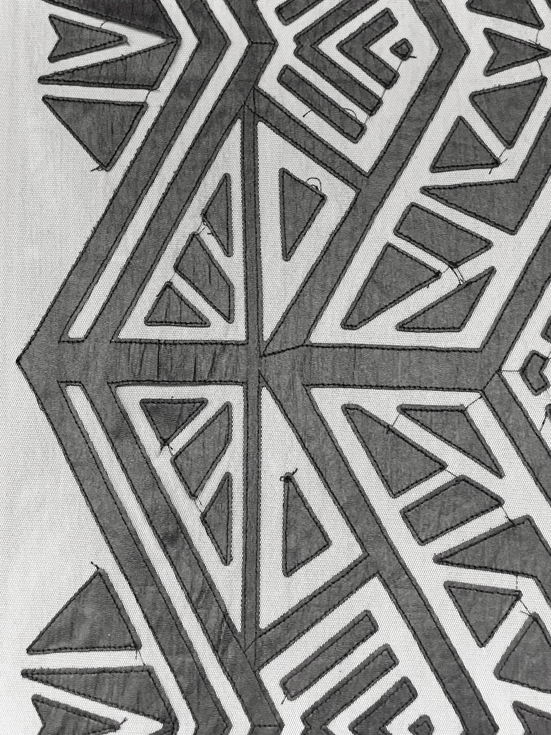 Black 100% Polyurethane/100% Nylon Geometric Faux Leather Design On Netting - NY Designer - 56W