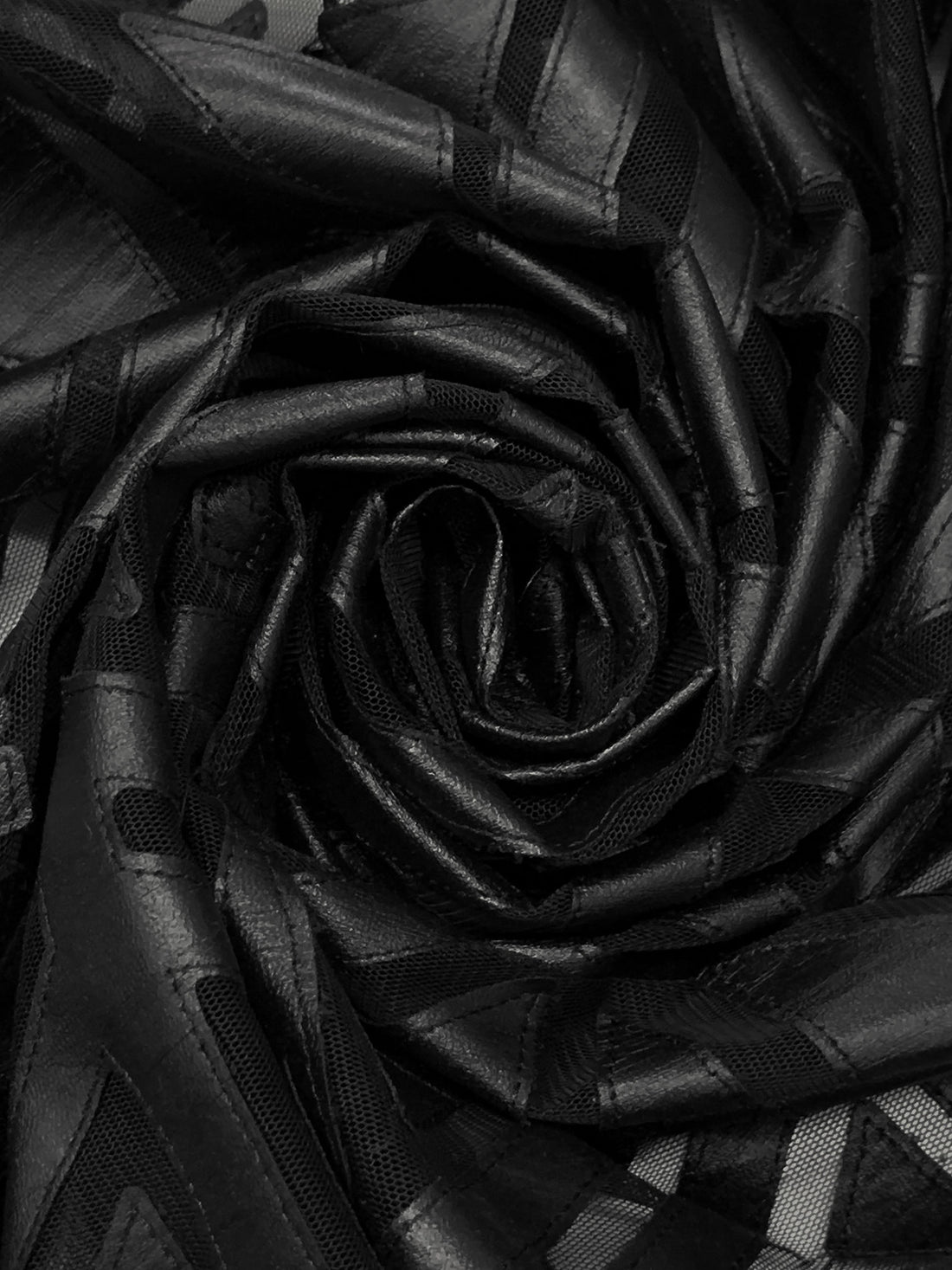 Black 100% Polyurethane/100% Nylon Geometric Faux Leather Design On Netting - NY Designer - 56W