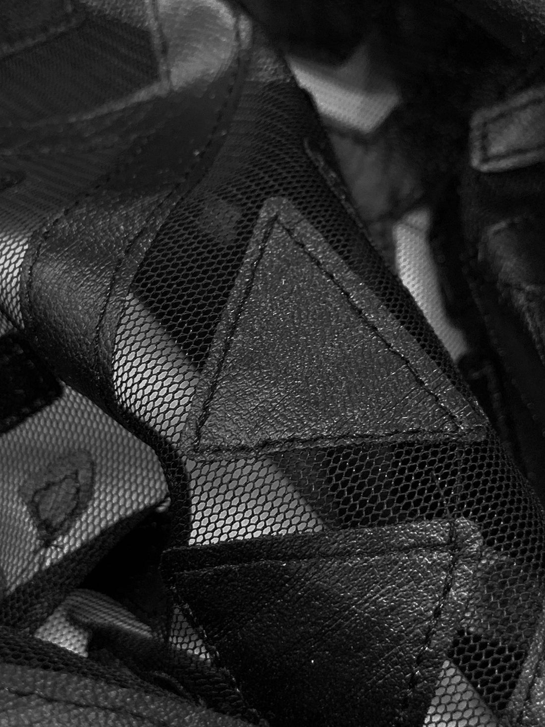 Black 100% Polyurethane/100% Nylon Geometric Faux Leather Design On Netting - NY Designer - 56W